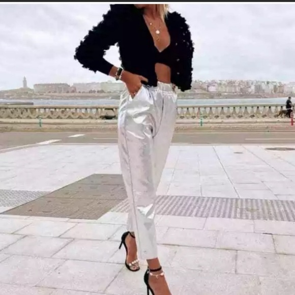 Zara | Pants u0026 Jumpsuits | Zara Silver Metallic Faux Leather Tapered Pants  M | Poshmark